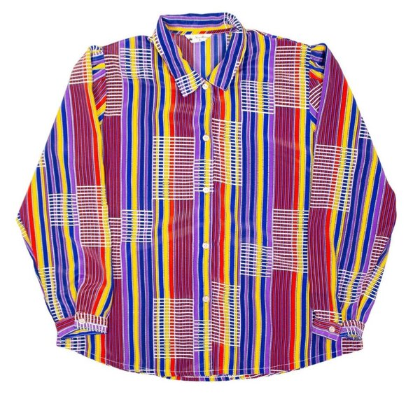 Vintage 70s Sun Hung Colorful Striped Pattern Button Up Blouse Shirt Large - Picture 1 of 9
